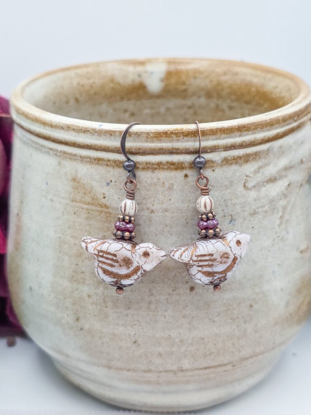Czech Glass Bird and Copper Drop Earrings